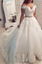 Off-Shoulder Ball Gown Wedding Dresses, V-neck Applique Beading Tulle Bridal Gown