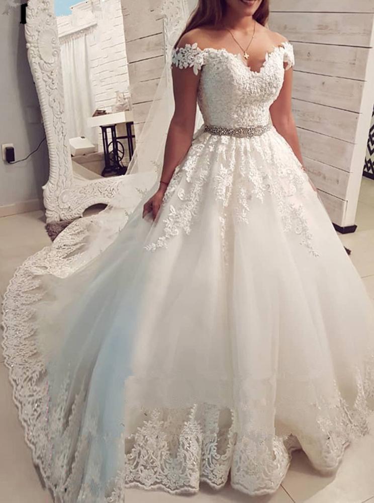 Off-Shoulder Ball Gown Wedding Dresses, V-neck Applique Beading Tulle Bridal Gown