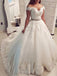 Off-Shoulder Ball Gown Wedding Dresses, V-neck Applique Beading Tulle Bridal Gown