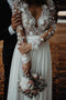 V-neck Lace Long Sleeve Beach Wedding Dresses Chiffon Bridal Gown With Split