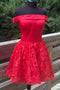 A-line Off Shoulder Satin Red Homecoming Dress With Lace Applique