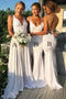 White V-Neck Long Backless Bridesmaid Dresses with Sweep Train