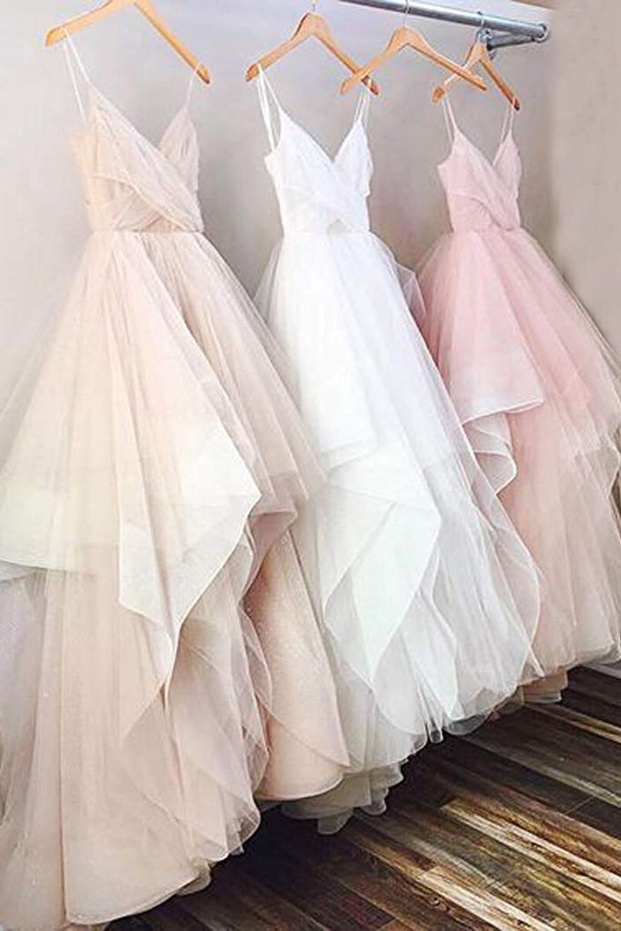 simple tulle prom dress spaghetti straps ruffles v neck wedding dresses dtw278