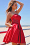 Satin Sweetheart Beaded Red Homecoming Dresses With Pockets