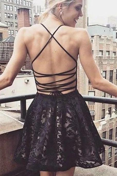 Black A-Line V-Neck Lace Short Prom Homecoming Dresses With Pocket