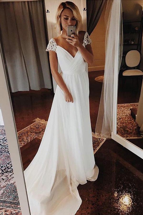 simple chiffon wedding dresses bohemian beach bridal gowns with sleeves dtw253