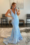 Mermaid V-Neck Light Blue Sequin Backless Dresses, Sparkly Long Prom Dresses