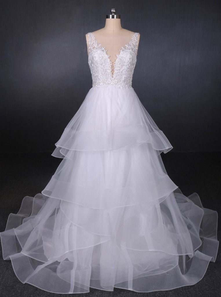 Princess V Neck Tulle Backless Wedding Dresses With Layered