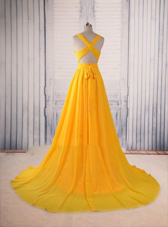 A-line Yellow Long Prom Gown Cross-Back Chiffon Evening Dress