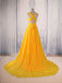 A-line Yellow Long Prom Gown Cross-Back Chiffon Evening Dress