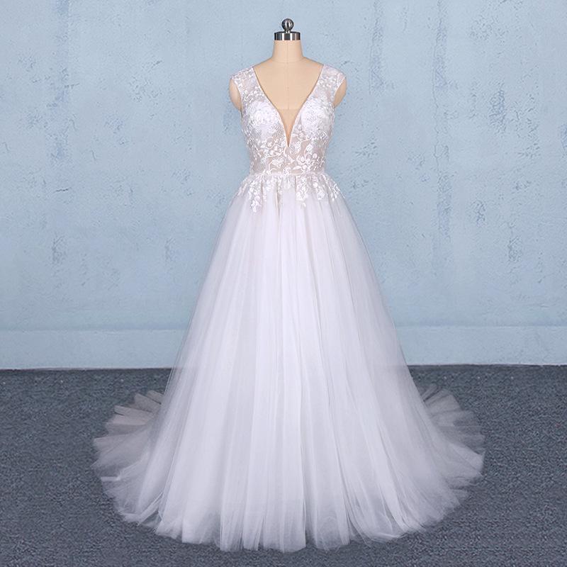 v-neck backless bridal dress tulle beach wedding dresses with appliques dtw287