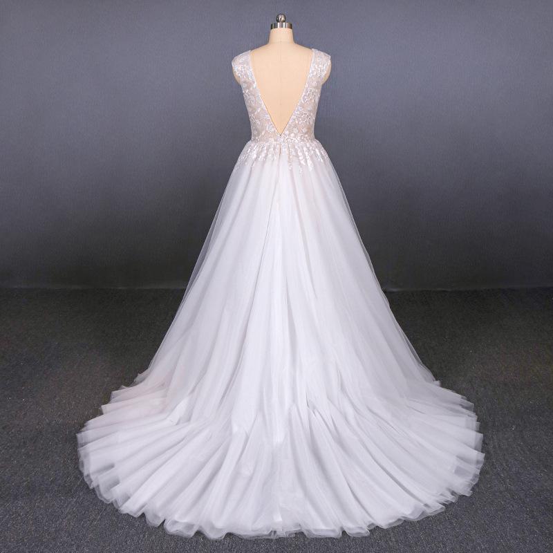 Tulle Beach Wedding Dresses with Appliques, V-neck Backless Bridal Dress