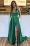 Halter V-neck Green Long Prom Dress, Simple Evening Gown With Pockets