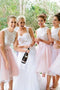 A-Line Jewel Neck Lace Tulle Knee Length Bridesmaid Dresses