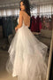 Sparkle Tulle Backless Wedding Dress, A-line V-neck Glitter Bridal Gown