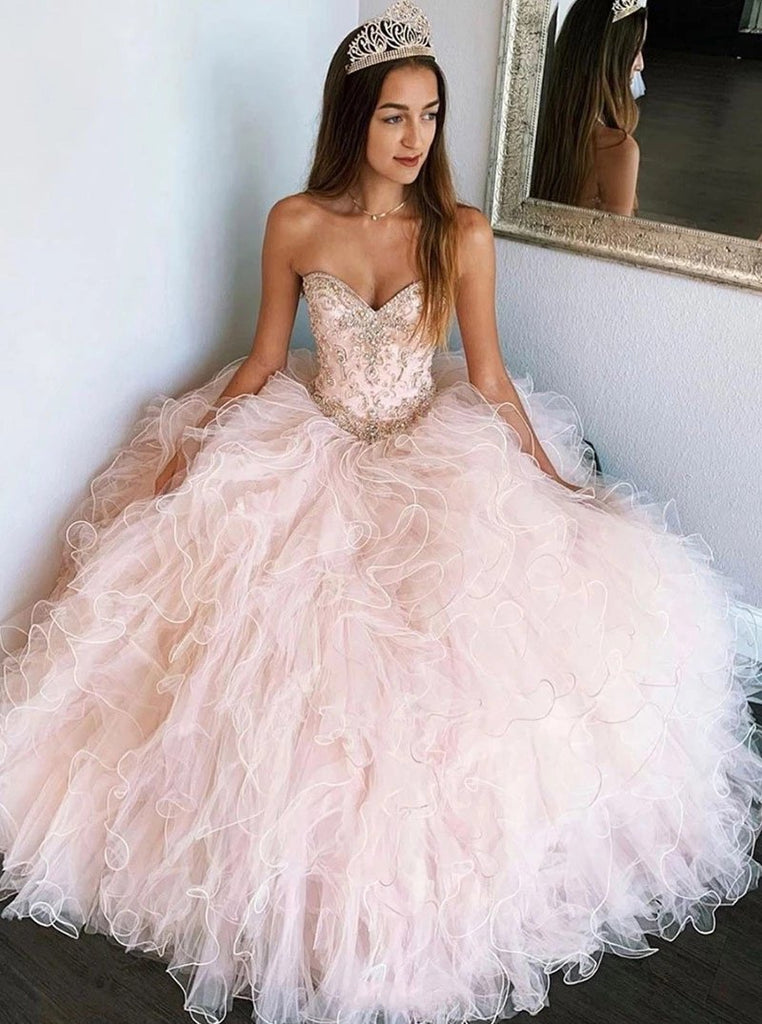 Sweetheart Ball Gown Beads Sweet 16 Dress Long Prom Dresses