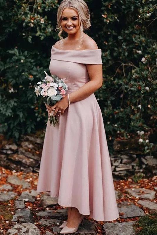 off shoulder ankle length high low pink bridesmaid dresses dtb159