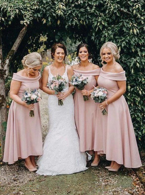 Off Shoulder Ankle Length High Low Pink Bridesmaid Dresses