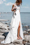 Chiffon Beach Wedding Dress With Slit, See-Through Lace Applique Wedding Dress