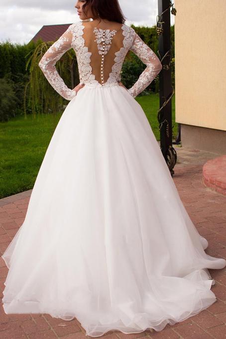 Ball Gown Long Sleeve Sheer Round Tulle Wedding Dress With Appliqued