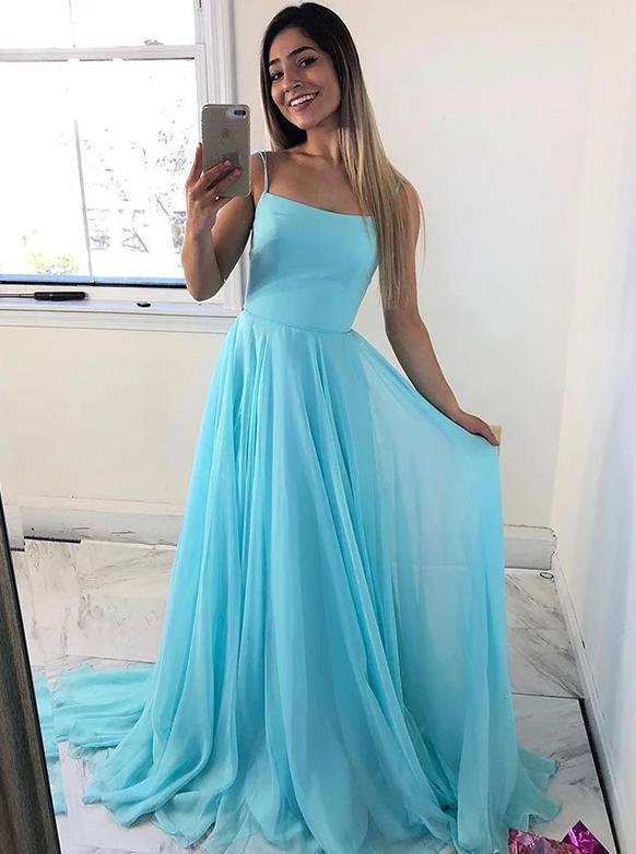 simple spaghetti straps ice blue chiffon long prom dresses dtp904