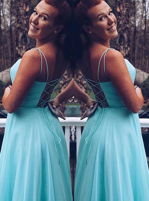 Simple Spaghetti Straps Ice Blue Chiffon Long Prom Dresses