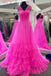 Pink A Line Sleeveless V Neck Tulle Prom Dress With Layers