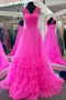 Pink A Line Sleeveless V Neck Tulle Prom Dress With Layers