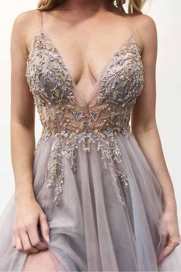 Spaghetti Straps V-neck Beaded Bodice Long Prom Dress with Slit