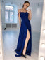 A-Line Straps Royal Blue Simple Long Prom Dress with Slit