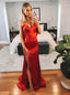 Sexy Mermaid V-Neck Red Cowl Back Prom Evening Dress with Slit