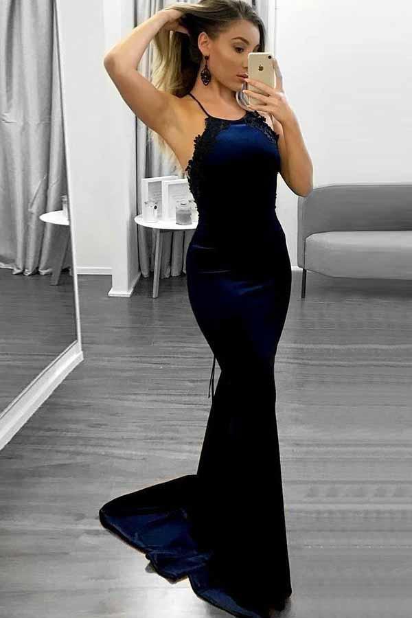 spaghetti straps navy blue mermaid prom dress with lace edge dtp652