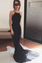 Spaghetti Straps Backless Mermaid Black Prom Dress With Lace