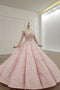 Sheer Neck Ball Gown Long Sleeves Blushing Pink Wedding Dress