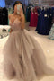 Spaghetti-straps V-neck Tulle Long Prom Dress, Sparkly Formal Evening Gown