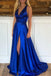 simple v-neck royal blue long prom dress criss-cross back with slit dtp588