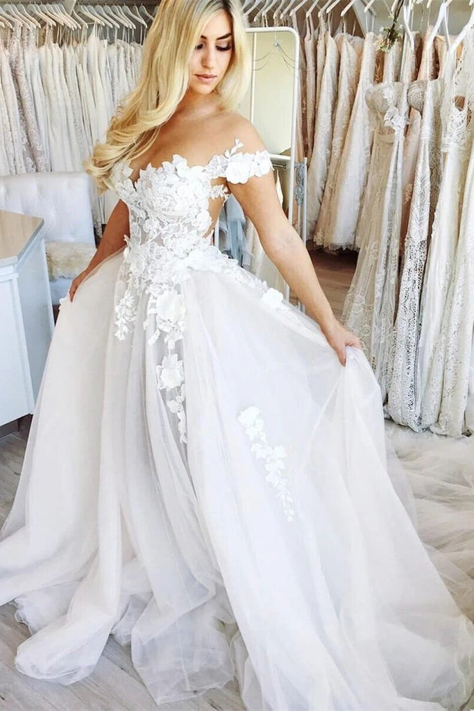 off shoulder lace appliques tulle wedding dresses a-line long bridal dresses dtw425