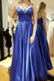 Simple Blue Long Prom Dress, A-line Satin Pockets Evening Gown