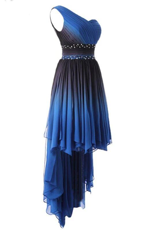 One-Shoulder High Low Blue Ombre Prom Dress With Beading