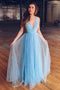 Sparkly Light Blue A-line Tulle Prom Dress Deep V-neck Long Formal Dress