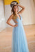 Sparkly Light Blue A-line Tulle Prom Dress Deep V-neck Long Formal Dress