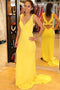 Simple Yellow Sheath Long Prom Dress, Cut-out Back Evening Gown with Split