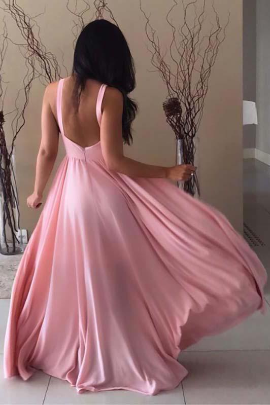 elegant round neck long chiffon sleeveless pink prom dress dtp145