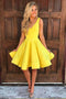 Yellow A-Line V-Neck Knee-Length Satin Homecoming Dress, Simple Short Prom Dress