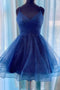 Sparkly Navy Blue Homecoming Dress, V-neck Short Prom Dress