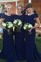 Modest Dark Blue Long Bridesmaid Dresses,Mermaid Cap Sleeves Wedding Guest Dress