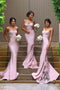 Spaghetti Straps Mermaid Pink Long Bridesmaid Dresses with Lace Appliques