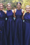 A-Line Jewel Satin Royal Blue Long Bridesmaid Dresses