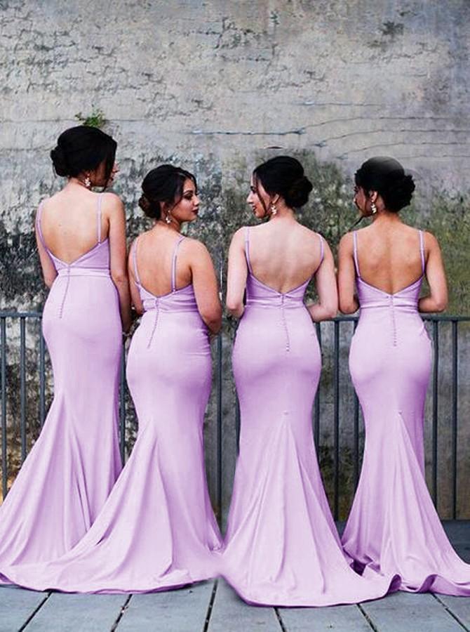 Spaghetti Straps Mermaid Lilac Backless Bridesmaid Dresses with Pleats