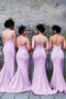 Spaghetti Straps Mermaid Lilac Backless Bridesmaid Dresses with Pleats